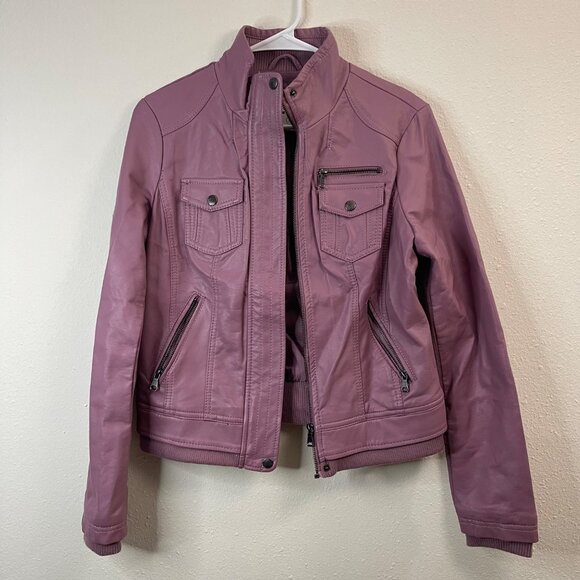 Womens Mauve Faux Leather Jacket With Zipper Pockets & Snap Closures Size S - Picture 2 of 10